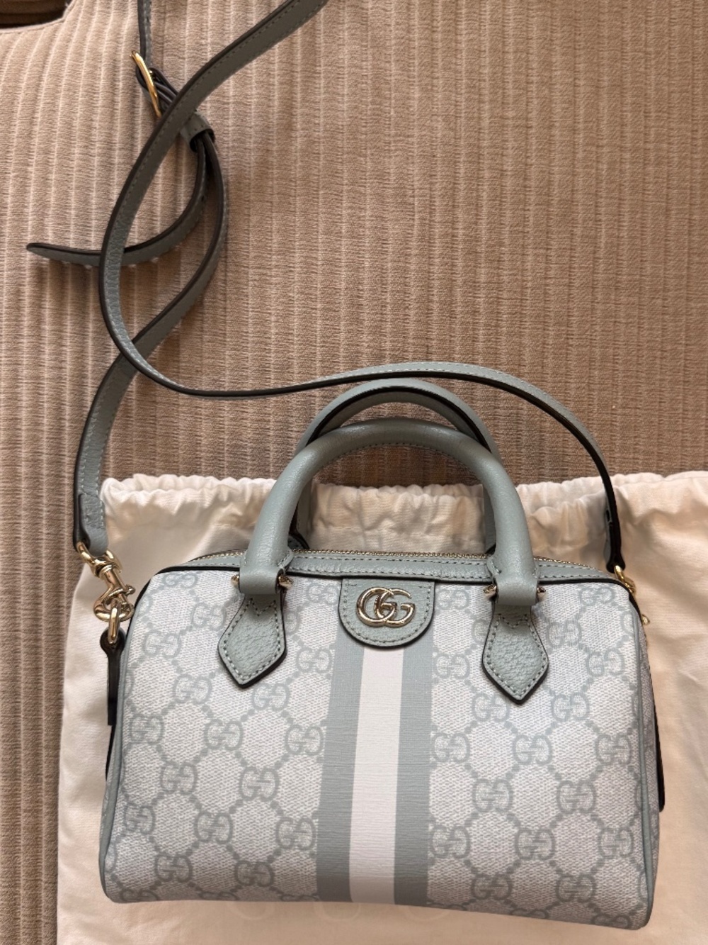 Gucci Ophidia GG Supreme Blue Web Top Handle Crossbody Bag + Strap Dust Bag
